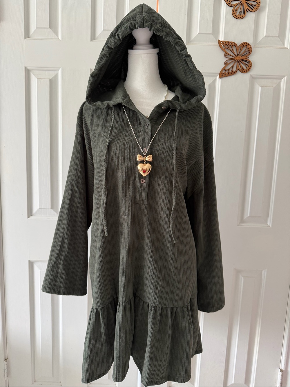 Zara Olive Hooded Long-Sleeve Tiered Tunic Dress